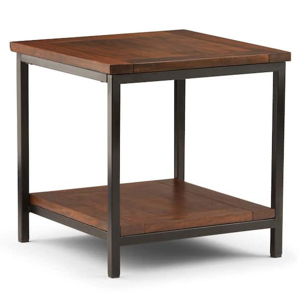 Simpli Home Skyler SOLID MANGO WOOD and Metal 22 in. Wide Square Industrial End Side Table in Dark Cognac Brown