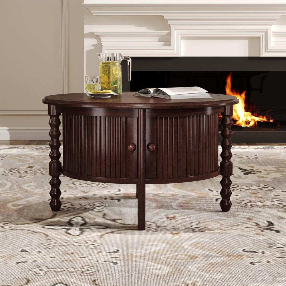Walnut 30.3 in. Mid-Century Vintage Round Wood Coffee Table Cocktail Table with Sliding Door Storage