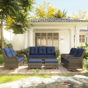 6-Piece Rattan Wicker Outdoor Patio Conversation Set with Blue Cushions