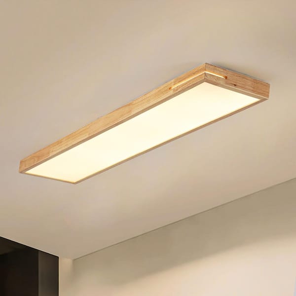 Kaden 47.24 in. 1-Light Farmhouse Brown Rectangular Wood Integrated LED Flush Mount Ceiling Light for Foyers, Hallways