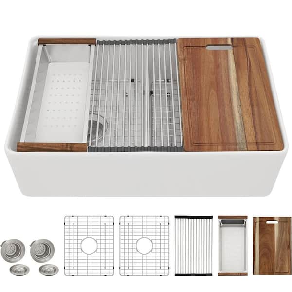 33 in. Fireclay Farmhouse Apron Workstation Sink Single Bowl White Kitchen Sink with Accessories
