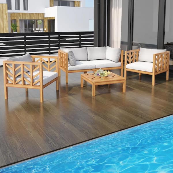 TK CLASSICS 5-Piece Acacia Wood Outdoor Conversation Set with White Cushions