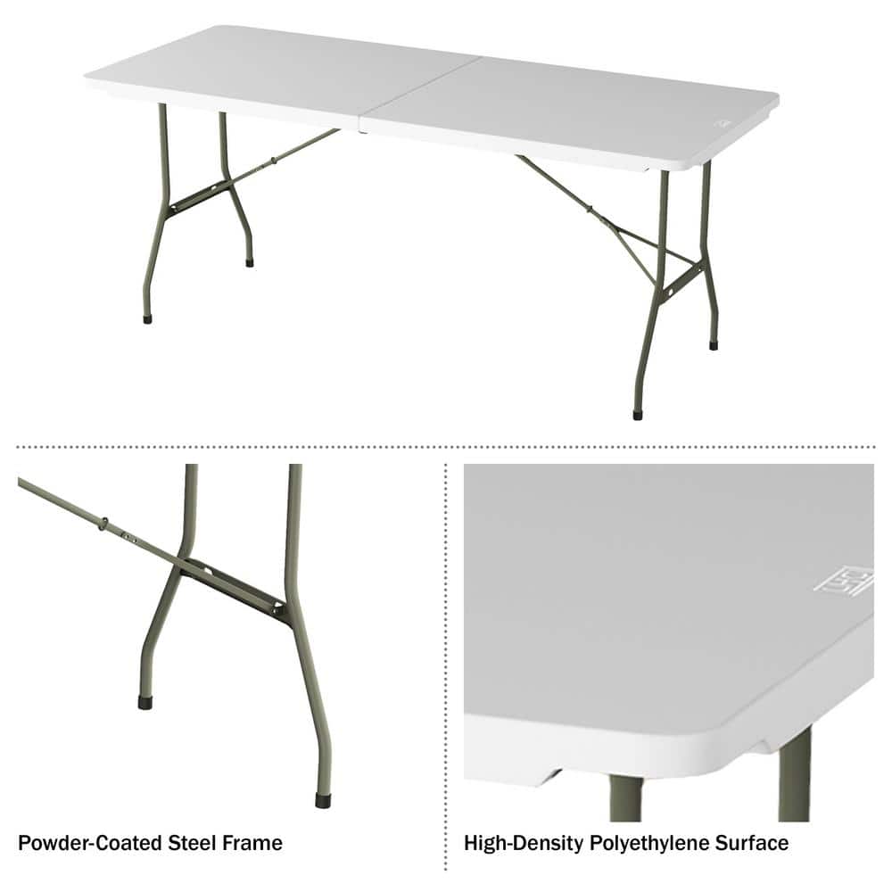 6-Foot White Plastic Folding Utility Table with Metal Frame