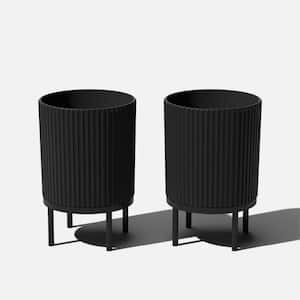 Demi 16 in. Raised with Stand Round Black Plastic Planter with Black Stand (2-Pack)