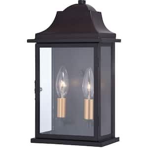 Bristol 2-Light Oil Burnished Bronze and Light Gold Outdoor Wall Sconce Lantern Clear Glass