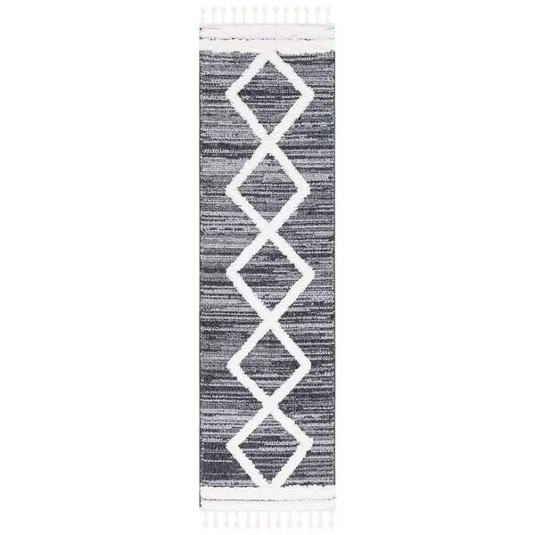 Moroccan Tassel Shag 2 ft. x 8 ft. Black/Ivory Border High-Low Diamond Runner Rug