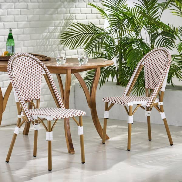French Rattan Aluminum Armless Outdoor Bistro Chair Rust Red, White and Bamboo Finish Set of 2