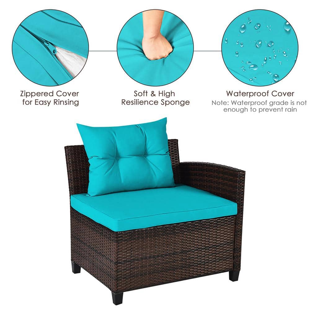 Turquoise Cushioned Rattan Outdoor Furniture Set with Glass Table
