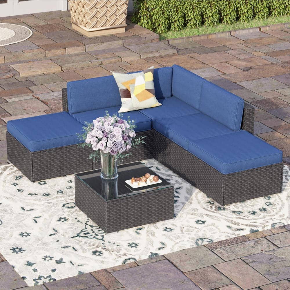 PHI VILLA Dark Brown 5 Seat 6-Piece Rattan Wicker Steel Patio Outdoor ...