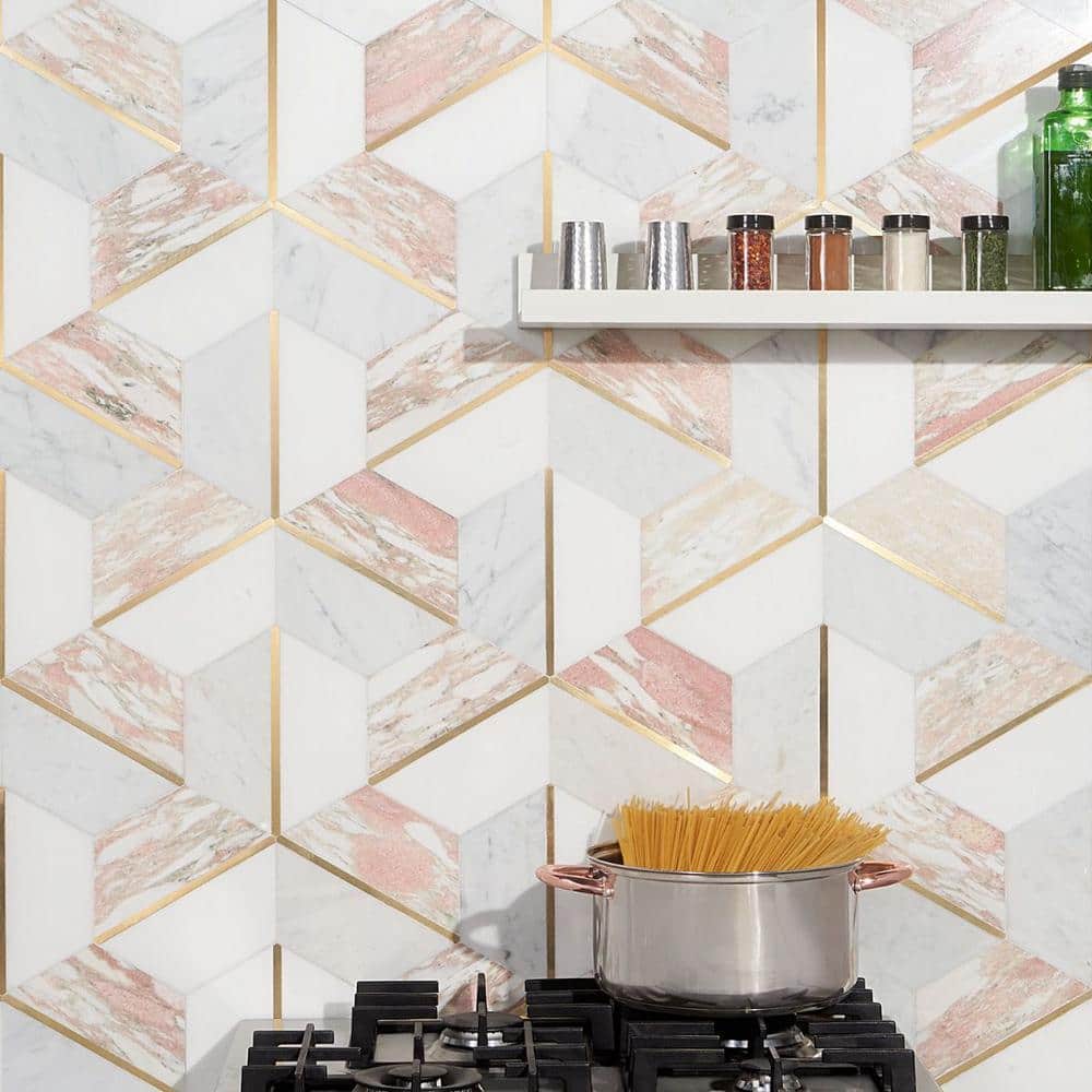 Rosa Marble and Brass Geometric Mosaic Tile Sheet