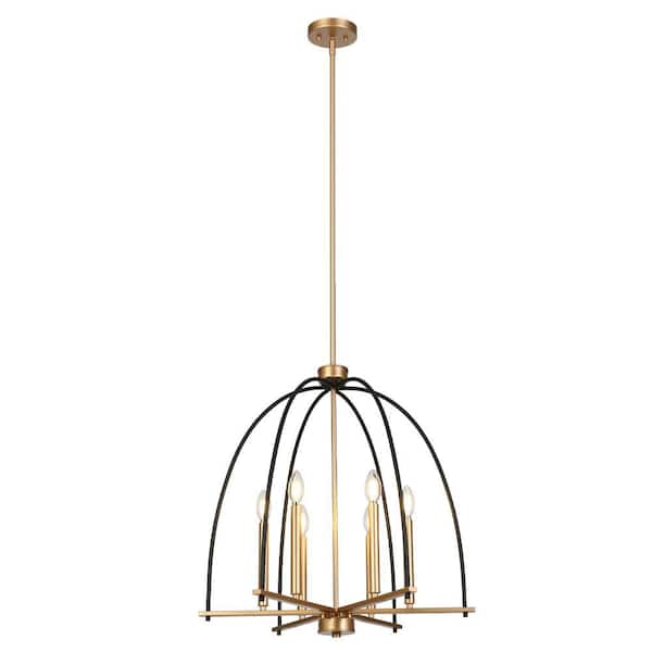 Modern Farmhouse 23.6 in. W 6-Lights Black and Gold Caged Chandelier, Bell Pendant Lighting Kitchen Island, Dining Room