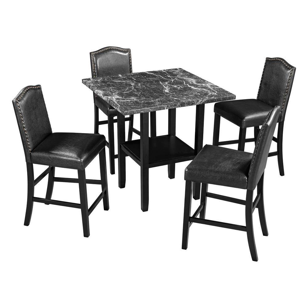 Harper & Bright Designs 5Piece Black Dining Table Set with PU Chairs and Bottom Shelf DT118AAB