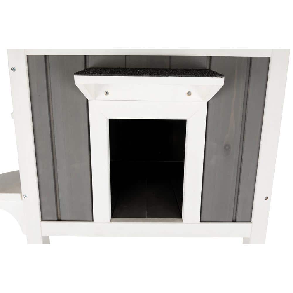 Gray and White Fir Wood Outdoor Cat House with Balcony