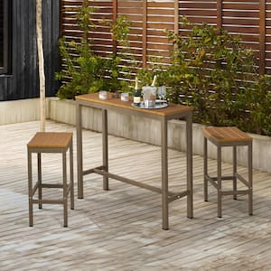 Humphrey 3 Piece 45 in. Teak Alu Outdoor Patio Dining Set Pub Height Bar Table Plastic Top With Bar Stools For Balcony