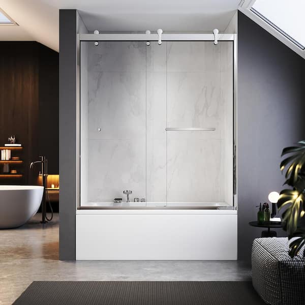 UNIKOO UKD08 60 in. W x 66 in. H Double Sliding Semi-Frameless Bathtub Door in Chrome with EnduroShield 5/16 in. Clear Glass