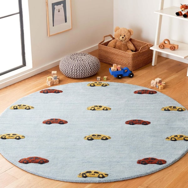 Kids 5 ft. x 5 ft. Light Blue/Yellow Mini Cars Round Area Rug