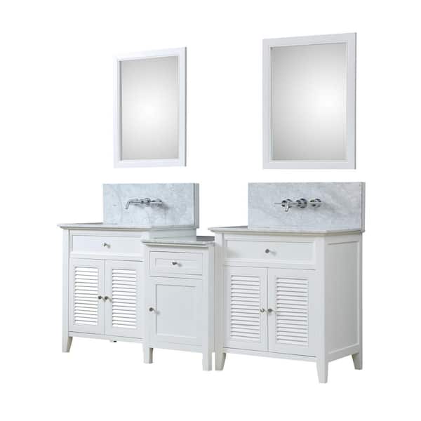 Shutter Premium Hybrid Bath Makeup 82 in. W Vanity in White with Marble Vanity Top in White with White Basin and Mirror