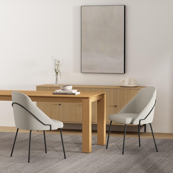 Manhattan Comfort Gracie Modern Stone and Black Faux Leather Upholstered Dining Side Chair with Steel Legs (Set of 2)