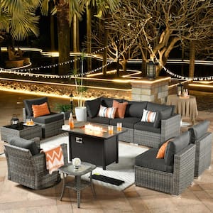 Daffodil C Gray 10-Piece Wicker Patio Fire Pit Conversation Sofa Set with Swivel Rocking Chairs and Black Cushions