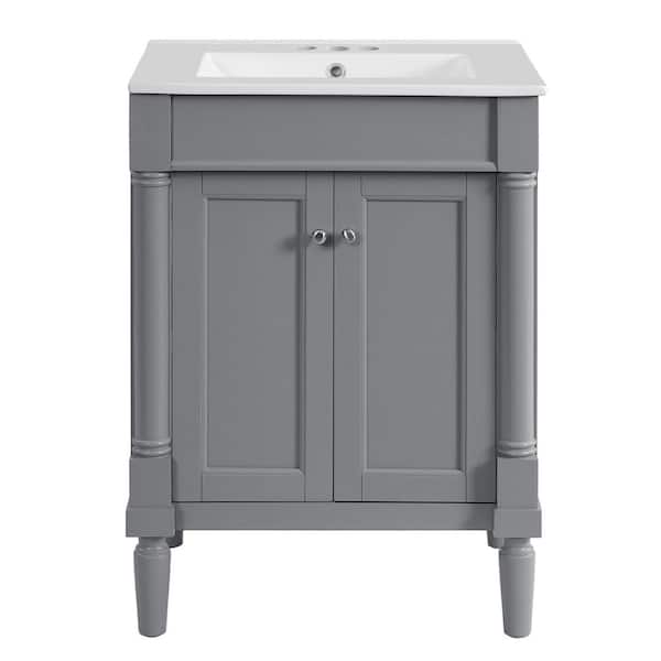 24 in. W Single Sink Freestanding Gray Bath Vanity with White Ceramic Top and Storage Shelves, Unassembled