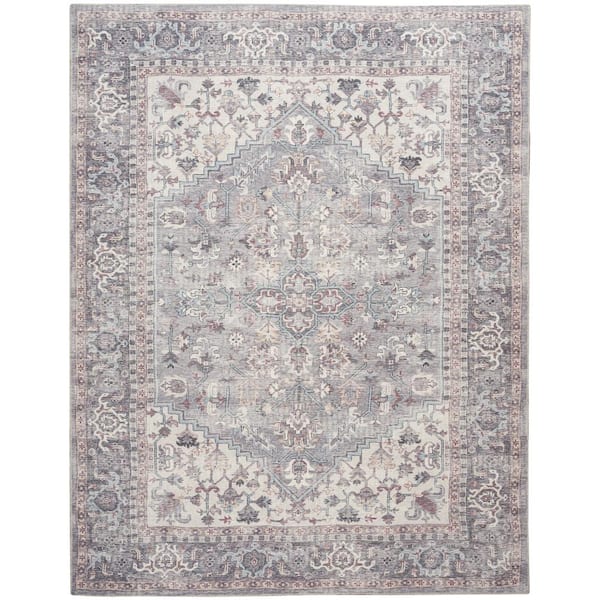 57 GRAND BY NICOLE CURTIS 57 Grand Machine Washable Gray 8 ft. x 10 ft. Bordered Traditional Area Rug