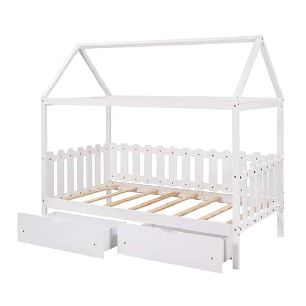 ANBAZAR White Twin House Bed for Kids, Twin Daybed with Storage Drawers ...