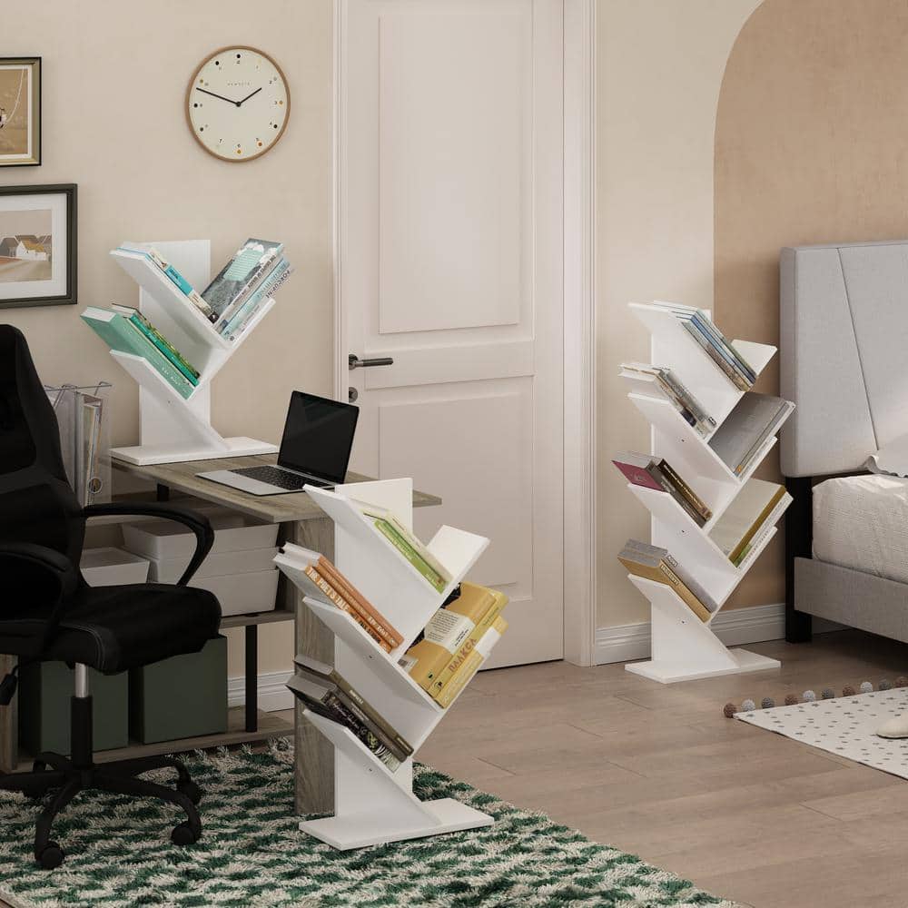 White Composite Wood 5-Tier Tree Bookshelf