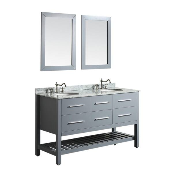 Bosconi Bosconi 60 in. W Double Bath Vanity in Gray with White Carrara Marble Vanity Top in White with White Basin and Mirror