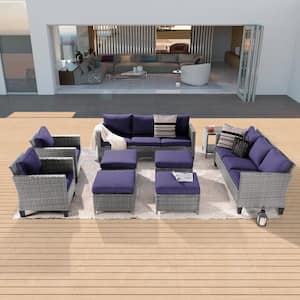 9-Piece Patio Sofa Set Gray Wicker Outdoor Furniture Set with Side Table, Navy Blue