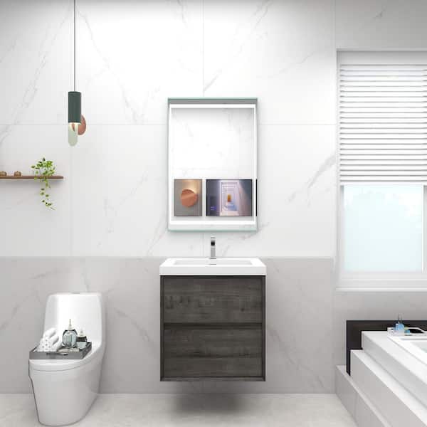 Kingdee 24 in. W x 20 in. D x 26 in. H Single Sink Floating Bath Vanity in Smoke Oak with White Acrylic Top