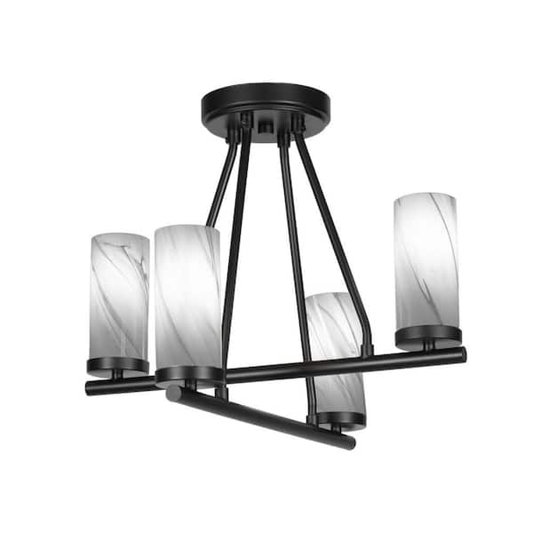 Unbranded Zara 16 in. 4-Light Matte Black Semi-Flush with 2.5 in. Onyx Swirl Glass Shades No blulbs included