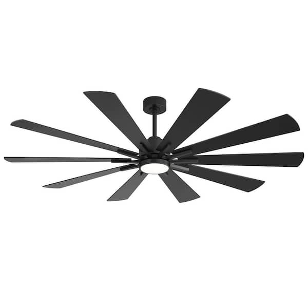 Claude 72 in. Covered Outdoor Black Windmill Ceiling Fan with LED Light, Downrod, Black/Brown Blade and Remote Included