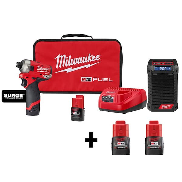 Milwaukee M12 FUEL SURGE 12V Lithium-Ion Brushless Cordless Compact 1/4 in. Hex Impact Driver Kit W/ Radio & (4) Batteries