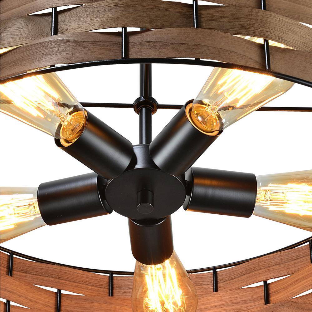 Walnut Wood Veneer Drum Pendant Chandelier with Black Metal Frame