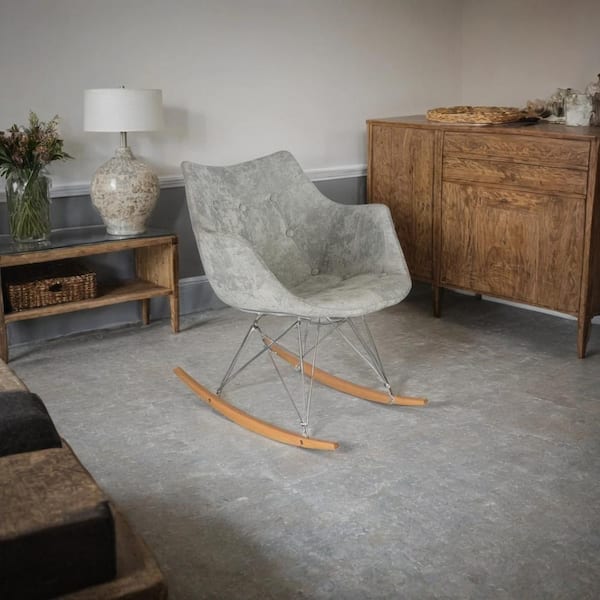 Leisuremod Accent Rocking Chair Upholstered in Polyester Velvet with Ash Wood Dowel Base Curved Back in French Silver/Velvet