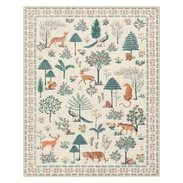 Jungle Animal Design Machine Washable Non Slip Beige 8 ft. x 10 ft. Living Room/Bedroom/Kid Room Area Rug