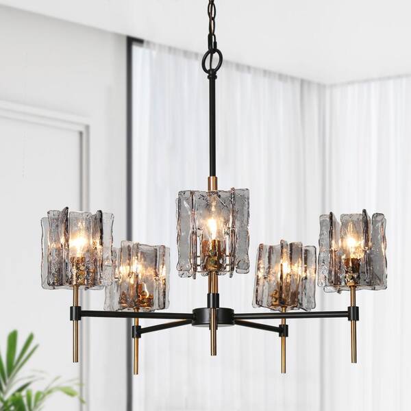 LNC Echonalyri Glam 5-Light Matte Black and Plating Brass Chandelier with Geometric Textured Glass Shades