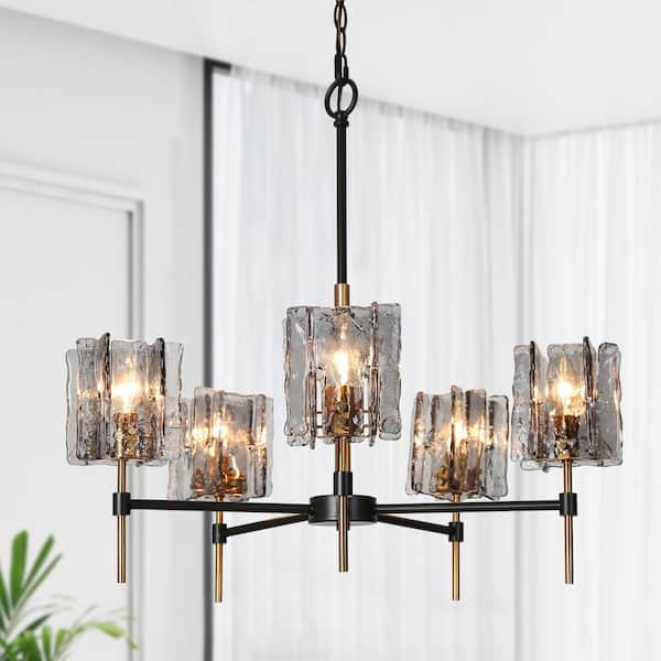 Echonalyri Glam 5-Light Matte Black and Plating Brass Chandelier with Geometric Textured Glass Shades