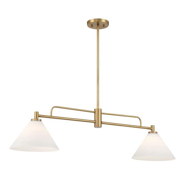TUXEDO PARK LIGHTING 10 in. W x 10 in. H 2-Light Natural Brass Transitional Chandelier with White Opal Glass Shades