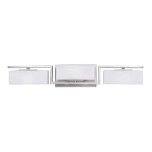 Meridian 25 in. 3-Light Satin Platinum Retro Vanity with White Opal Glass Shades