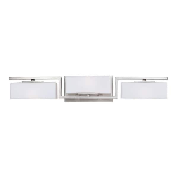 Designers Fountain Meridian 25 in. 3-Light Satin Platinum Retro Vanity with White Opal Glass Shades