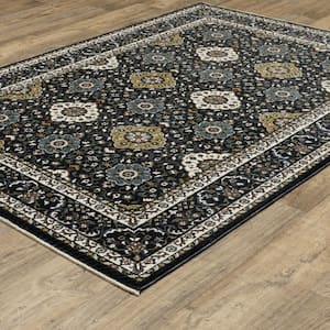 Victoria Navy/Gold 5 ft. x 8 ft. Oriental Panel Medallion Polyester Fringed-Edge Indoor Area Rug