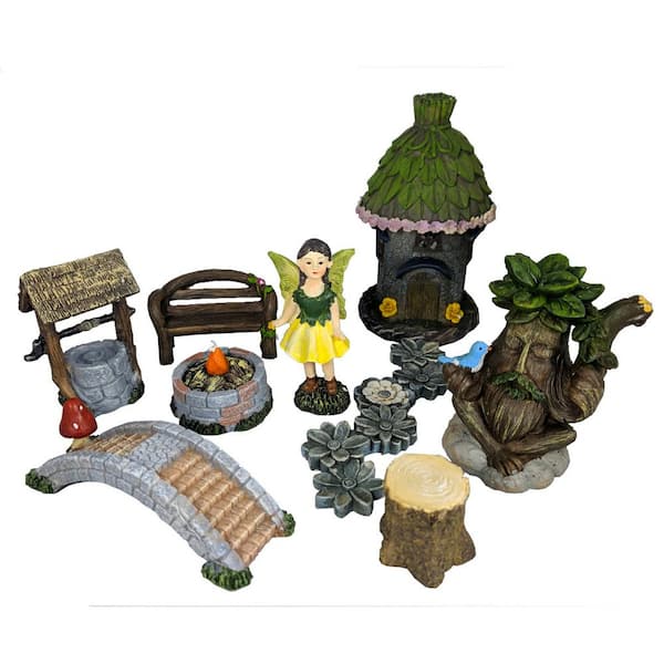 HunnyKome Solar Lighting Solar Powered 9-Piece Fairy Garden Kit 1-Light 6 in. Integrated LED with Bridge and Well