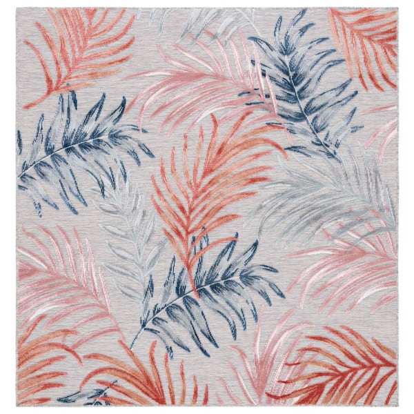 Cabana Gray/Rust 6 ft. x 6 ft. High-Low Abstract Leaf Indoor/Outdoor Square Area Rug