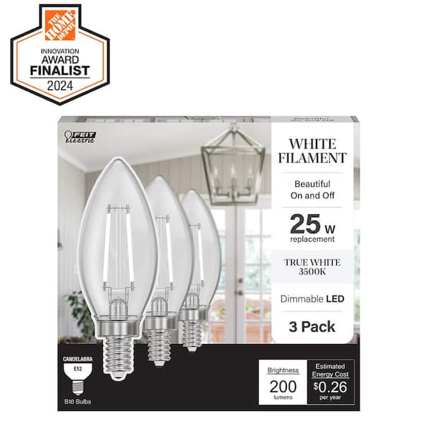 25W Equivalent B10 E12 Candelabra Dim White Filament Clear Glass Chandelier LED Light Bulb, Bright White 3000K (3-Pack)