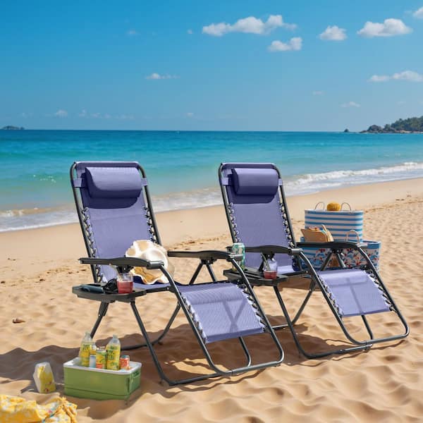 Tozey 2-Piece Dark Blue Zero Gravity Black Metal Lawn Chair Set