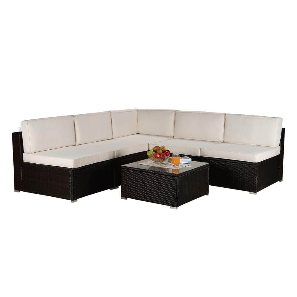 Brown 6-Piece PE Wicker Patio Conversation Sectional Set with Beige Cushion