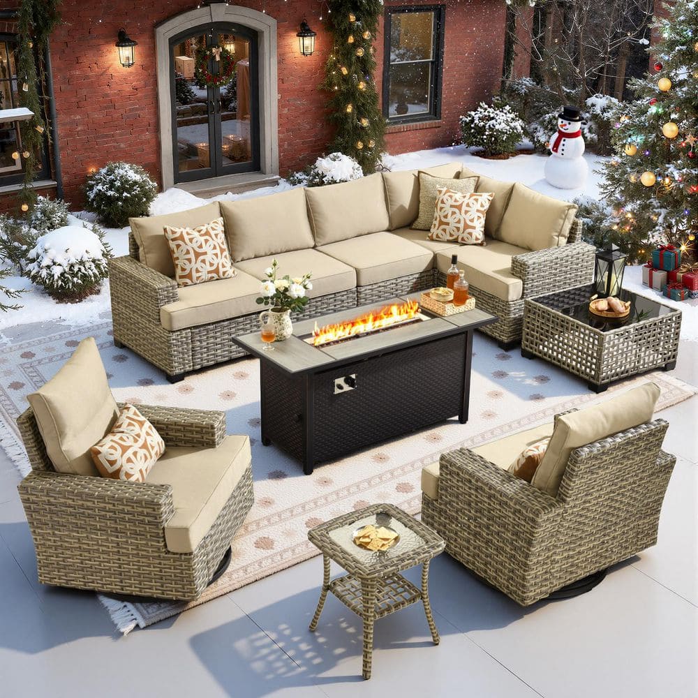 Torino Gray 10-Piece Wicker Outdoor Patio Conversation Sofa Sectional Set with a Metal Fire Pit and Beige Cushions price history on PriceWatchPro