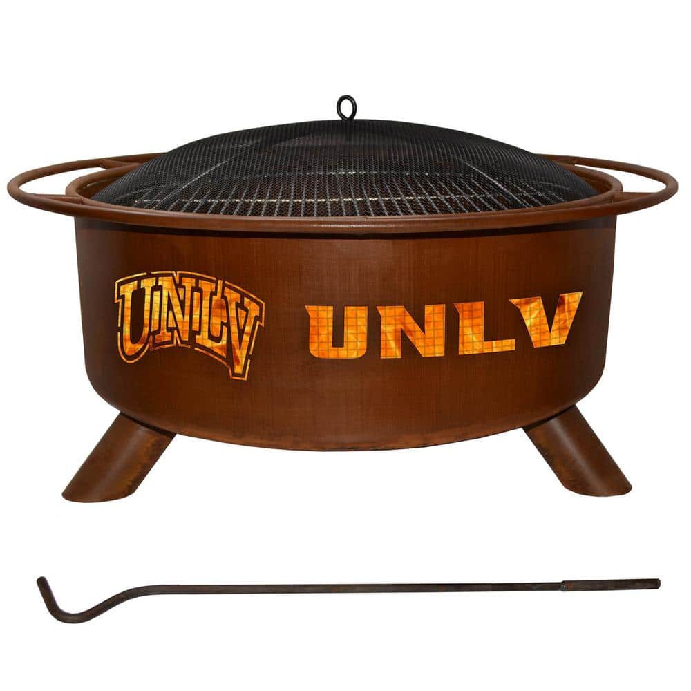 UNLV 29 in. x 18 in. Round Steel Wood Burning Rust Fire Pit with Grill Poker Spark Screen and Cover, Red -  Patina Products, F402