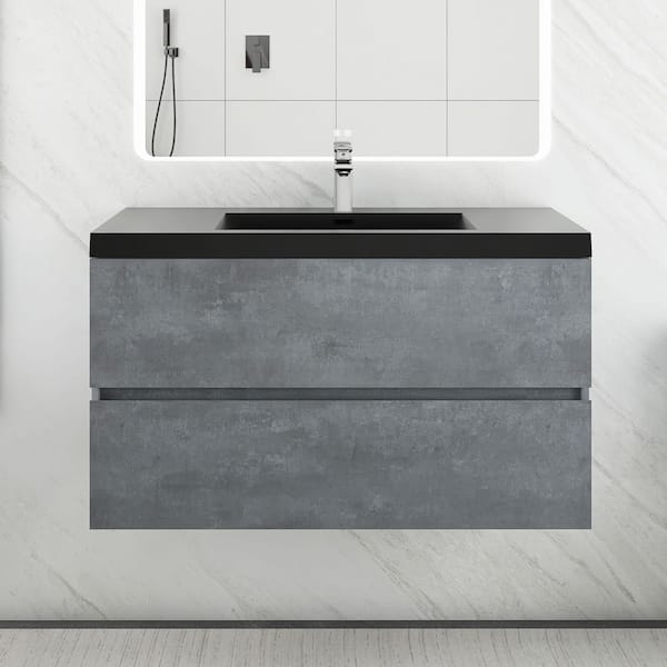 42 in. W x 20 in. D x 22 in. H Single Sink Floating Bath Vanity in Cement Grey with Matte Black Quartz Sand Top
